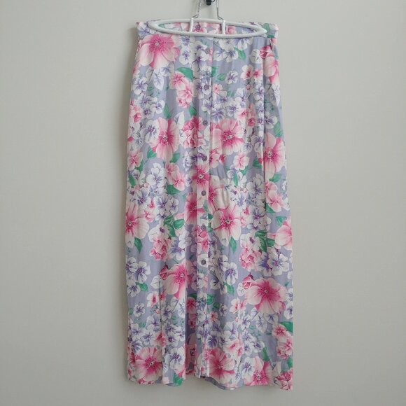 Vintage long button down midi maxi skirt purple pink and green floral Medium - Picture 1 of 14